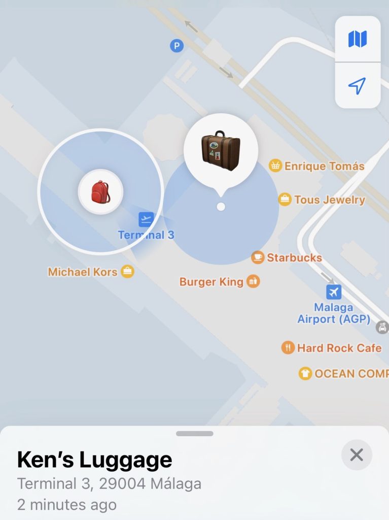 A top-down map showing Ken's luggage in an airport terminal relative to himself