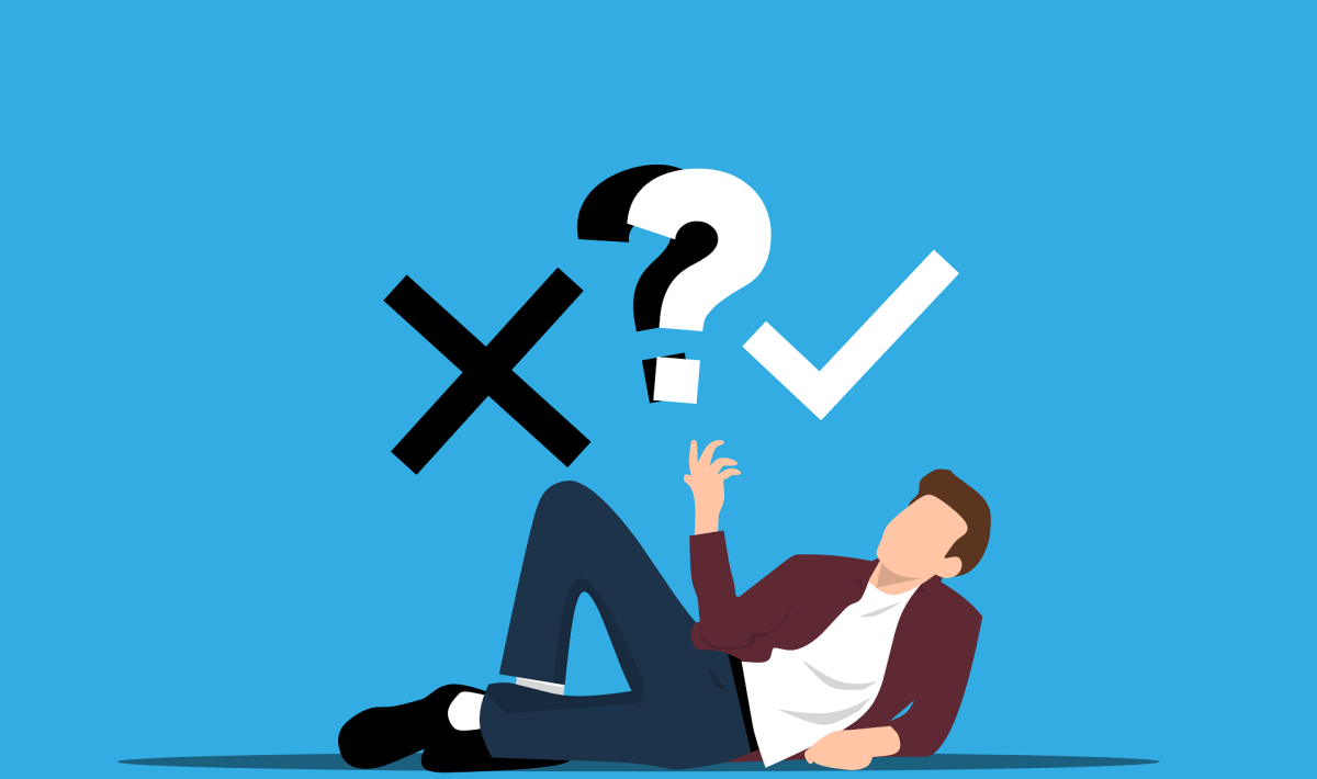 A drawing of a lounging figure pointing at a question mark